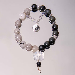 Buddha Gift Silver Sheen Obsidian Crackle Clear Quartz Black Rutilated Quartz Yin Yang Lotus Protection Bracelet