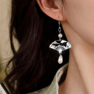 Buddha Gift Copper Fan Auspicious Clouds Pearl Healing Drop Earrings