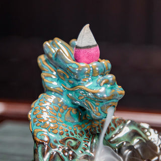 Buddha Gift Dragon Pattern Ceramic Backflow Smoke Fountain Incense Burner Decoration