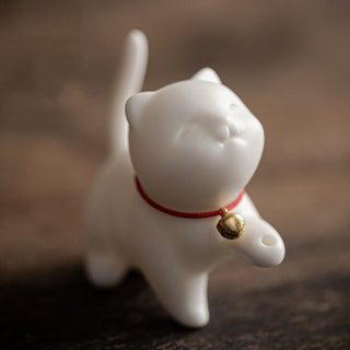 Buddha Gift Mini Lucky Cat Kitten Tea Pet Ceramic Home Desk Figurine Decoration With Bamboo Mat