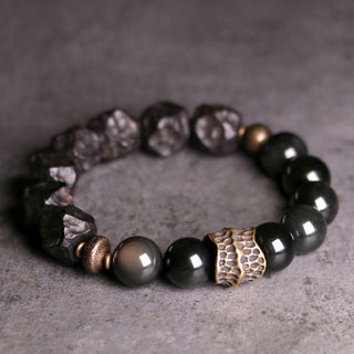 Buddha Gift Black Obsidian Ebony Wood Copper Strength Couple Bracelet