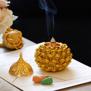 Buddha Gift Gold Pine Cone Pattern Spiritual Rituals Mini Incense Burner Home Tabletop Decor