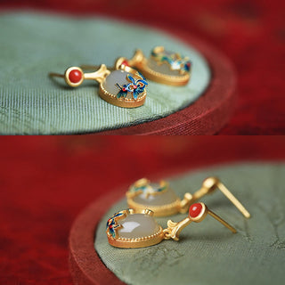 Buddha Gift Vintage Jade Red Agate Abundance Copper Drop Earrings