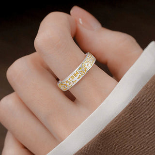 Buddha Gift Peace and Joy Tang Dynasty Flower Design Lotus Heart Sutra Carved Copper Luck Adjustable Ring