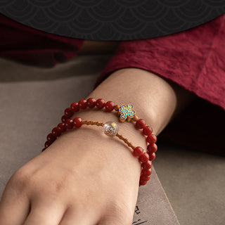 Buddha Gift Chinese Zodiac Natal Buddha Red Agate Small Leaf Red Sandalwood Cinnabar Amulet Blessing Double Wrap Bracelet