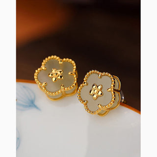 Buddha Gift 925 Sterling Silver Hetian Jade Plum Flower Luck Stud Earrings