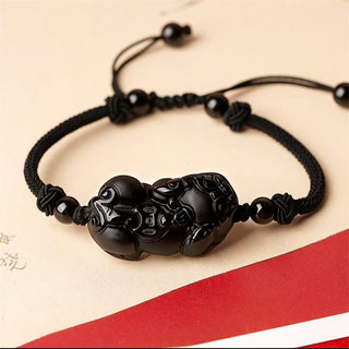 Buddha Gift Natural Obsidian Amethyst Citrine PiXiu Cooper Coin Wealth Bracelet