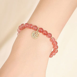 Buddha Gift 14K Gold Plated Strawberry Quartz Fu Character Healing Charm Bracelet