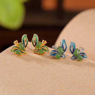 Buddha Gift 925 Sterling Silver Plated Gold Natural Cyan Jade Butterfly Luck Healing Earrings