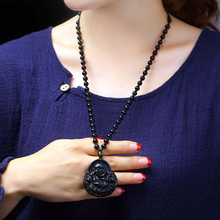 Buddha Gift Laughing Buddha Black Obsidian Strength Protection Pendant Necklace