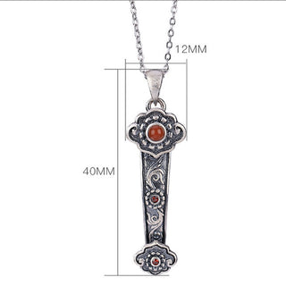 Buddha Gift 925 Sterling Silver Red Agate Cyan Jade Auspicious Clouds Ruyi Handle Blessing Necklace Pendant