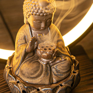 Buddha Gift Buddha Lotus Backflow Smoke Fountain Ceramic Blessing Incense Burner With Light Decoration
