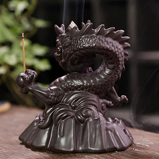 Buddha Gift Auspicious Dragon Ceramic Backflow Smoke Fountain Meditation Healing Incense Burner Led Ball Decoration
