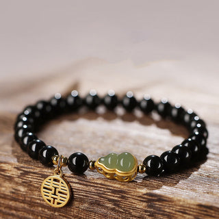 Buddha Gift Natural Black Obsidian Hetian Jade Gourd Double Happiness Strength Bracelet