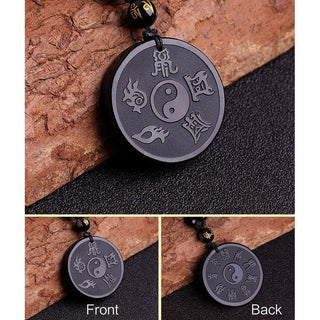 Buddha Gift Natural Black Obsidian Taoism Five Sacred Mountains Nine-Character Mantra Carved Strength Yin Yang Necklace Pendant Key Chain