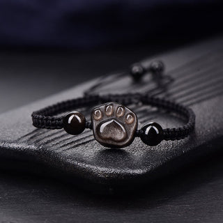 Buddha Gift Natural Silver Sheen Obsidian Gold Sheen Obsidian Cute Cat Paw Claw Protection Rope Bracelet