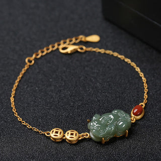 Buddha Gift Cyan Jade PiXiu Copper Coin Red Agate Success Chain Bracelet