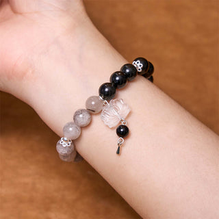 Buddha Gift Silver Sheen Obsidian Crackle Clear Quartz Black Rutilated Quartz Yin Yang Lotus Protection Bracelet