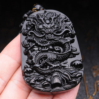Buddha Gift Black Obsidian Stone Dragon Fulfilment Pendant Necklace