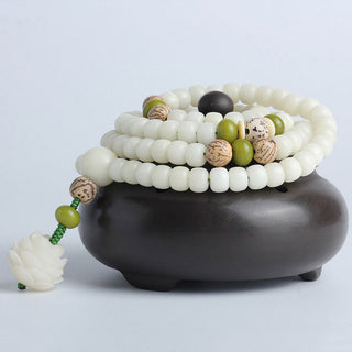 Buddha Gift White Jade Bodhi Lotus Mala Harmony Necklace Bracelet