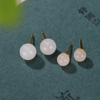 Buddha Gift 925 Sterling Silver Round White Jade Blessing Stud Earrings