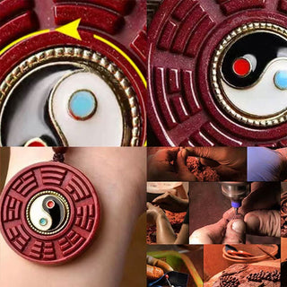 Buddha Gift Natural Cinnabar Bagua Rotatable Yin Yang Keep Away Evil Spirits Necklace Pendant
