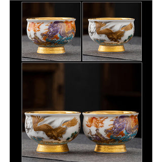 Buddha Gift Golden Eagle Auspicious Dragon Sun Ocean Waves Gilt Ceramic Teacup Kung Fu Tea Cup