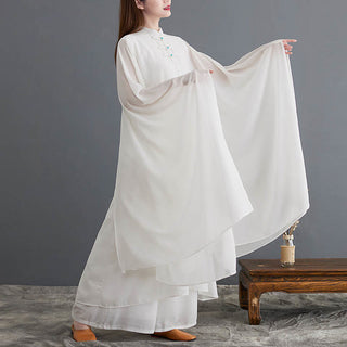 Buddha Gift 2Pcs Frog-Button Long Sleeve Midi Dress Wide Leg Pants Chiffon Zen Women's Set