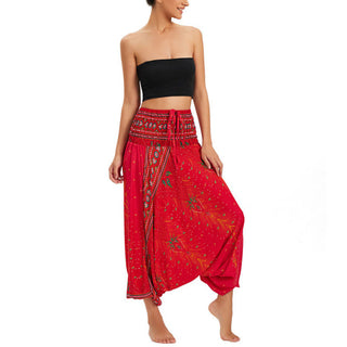 Buddha Gift Two Style Wear Peacock Feather Loose Smocked Harem Trousers Jumpsuit High Waist Pants