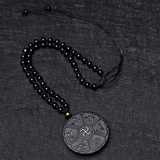 Buddha Gift Natural Black Obsidian Tibetan Om Mani Padme Hum Buddha Swastika Luck Necklace Pendant