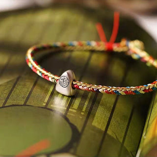 Buddha Gift 925 Sterling Silver Fu Character Zongzi Pattern Multicolored String Luck Handmade Braided Bracelet