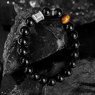 Buddha Gift 999 Sterling Silver Black Obsidian Tiger Eye Om Mani Padme Hum Fulfillment Bracelet