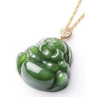 Buddha Gift 925 Sterling Silver Laughing Buddha Hetian Cyan Jade 18K Gold Success Necklace Chain Pendant