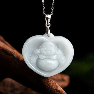 Buddha Gift 925 Sterling Silver Laughing Buddha White Jade Luck Blessing Necklace Pendant