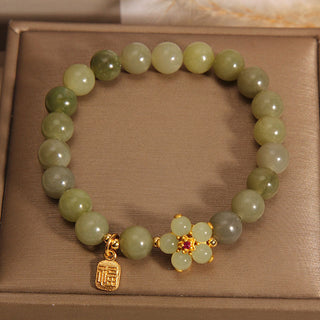 Buddha Gift Green Jade Flower Fu Character Charm Luck Bracelet