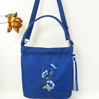 Buddha Gift Embroidery Wisteria Plum Lotus Cherry Blossom Cotton Linen Canvas Tote Crossbody Bag Shoulder Bag Handbag