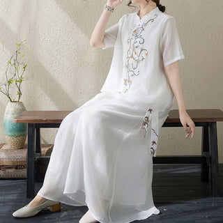Buddha Gift 2Pcs Flower Embroidery Short Sleeve Tee T-shirt Wide Leg Pants Set