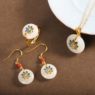 Buddha Gift 925 Sterling Silver Natural Hetian White Jade Peacock Blessing Necklace Pendant Ring Earrings Set