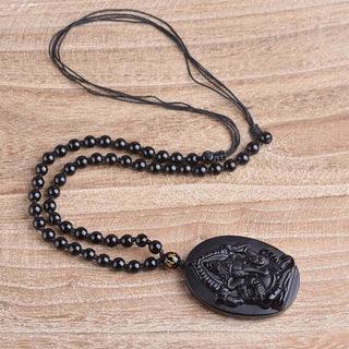 Buddha Gift Tibetan Obsidian Ganesh Ganpati Elephant Wealth Amulet Necklace