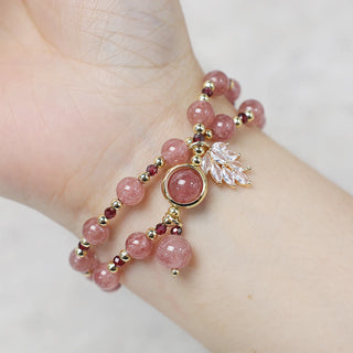 Buddha Gift Natural Strawberry Quartz Love Healing Maple Leaf Charm Double Wrap Bracelet