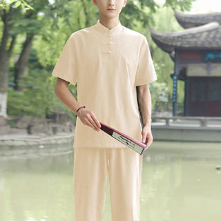 Buddha Gift 2Pcs Men's Short Sleeve Shirt Top T-Shirt Pants Meditation Zen Tai Chi Cotton Linen Clothing Set