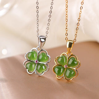 Buddha Gift 925 Sterling Silver Hetian Cyan Jade Lucky Four Leaf Clover Healing Necklace Pendant