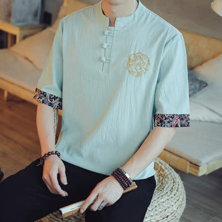 Buddha Gift Frog-Button Dragon Embroidery Chinese Tang Suit Short Sleeve Shirt Linen Men Clothing