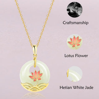 Buddha Gift 925 Sterling Silver Hetian White Jade Lotus Flower Blessing Necklace Pendant