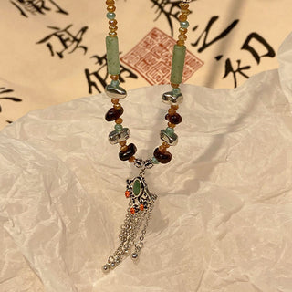 Buddha Gift Tibetan Crystal Stone Copper Luck Tassel Necklace Pendant