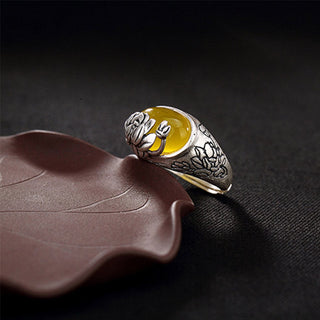Buddha Gift Citrine Lotus Blessing Protection Adjustable Ring