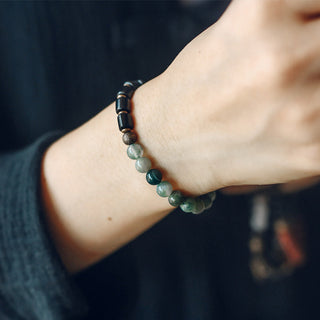 Buddha Gift Ebony Wood Red Jasper Moss Agate Crystal Copper Peace Couple Bracelet