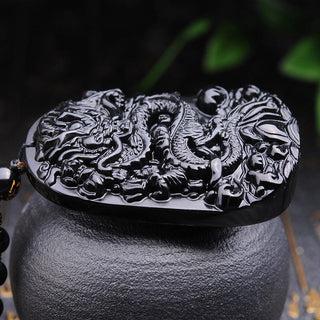 Buddha Gift Black Obsidian Stone Dragon Fulfilment Pendant Necklace