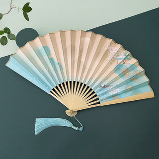 Buddha Gift Retro Lotus Flower Leaf Mountain Lake Handheld Folding Fan With Bamboo Frames