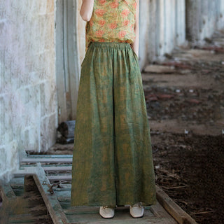 Buddha Gift Green Yellow Ramie Linen Flexible Waistband Wide Leg Pants With Pockets
